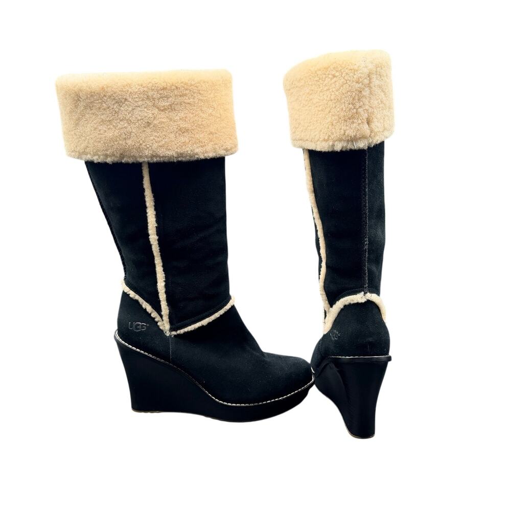 UGG Black Shearling Wedge Tall Boots Women’s Size 11 Suede
